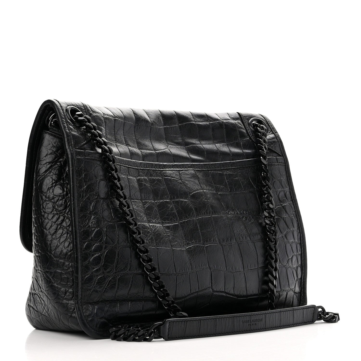 Saint Laurent Crinkled Calfskin Crocodile Embossed Monogram Medium Niki Chain Satchel Black 3 of 11