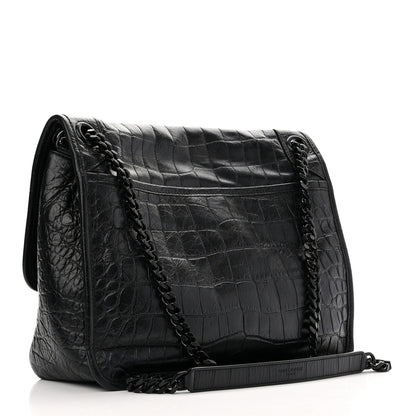 Saint Laurent Crinkled Calfskin Crocodile Embossed Monogram Medium Niki Chain Satchel Black 3 of 11