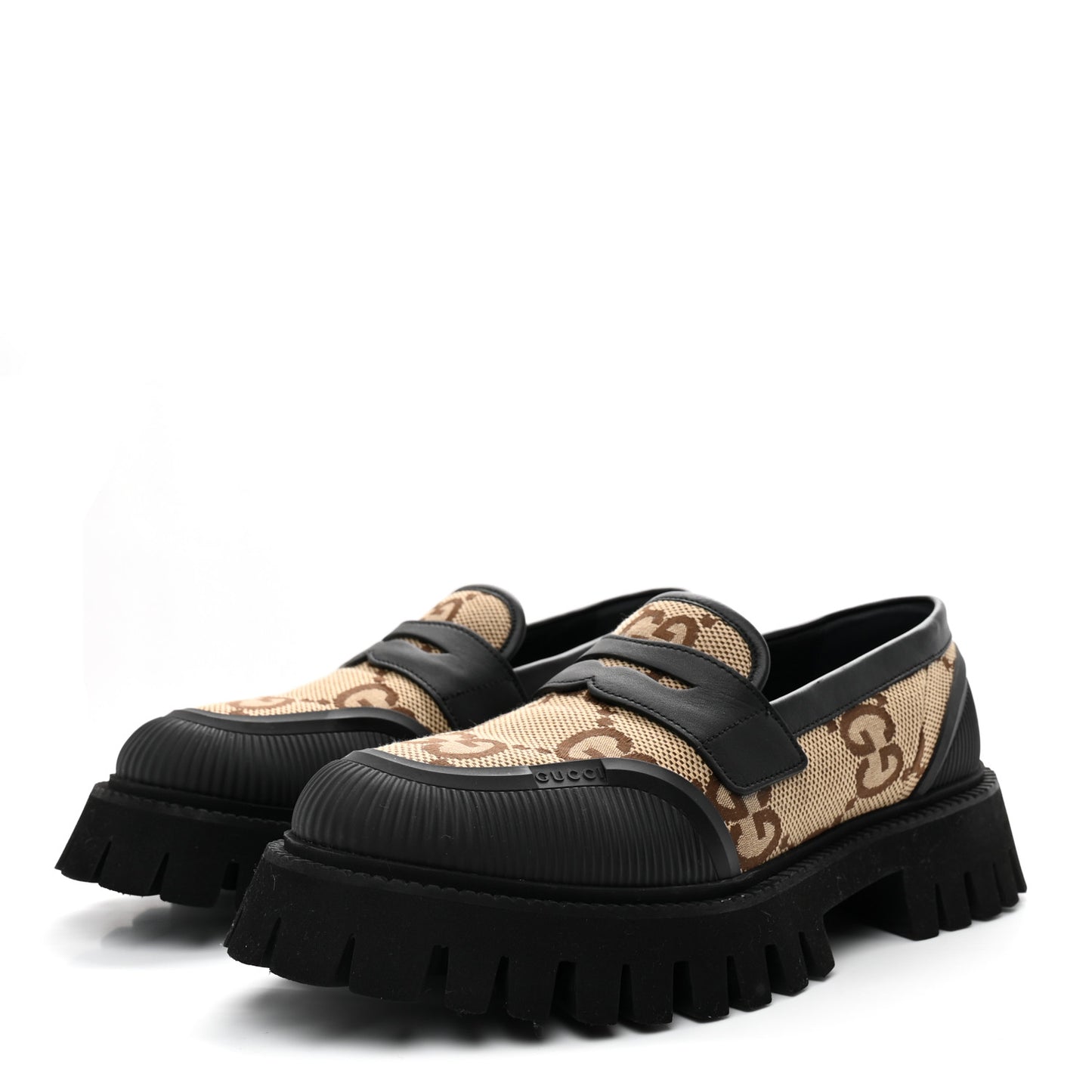 Monogram Jumbo GG Miro Soft Calfskin Mens Lug Sole Loafers 8.5 Camel Ebony Black