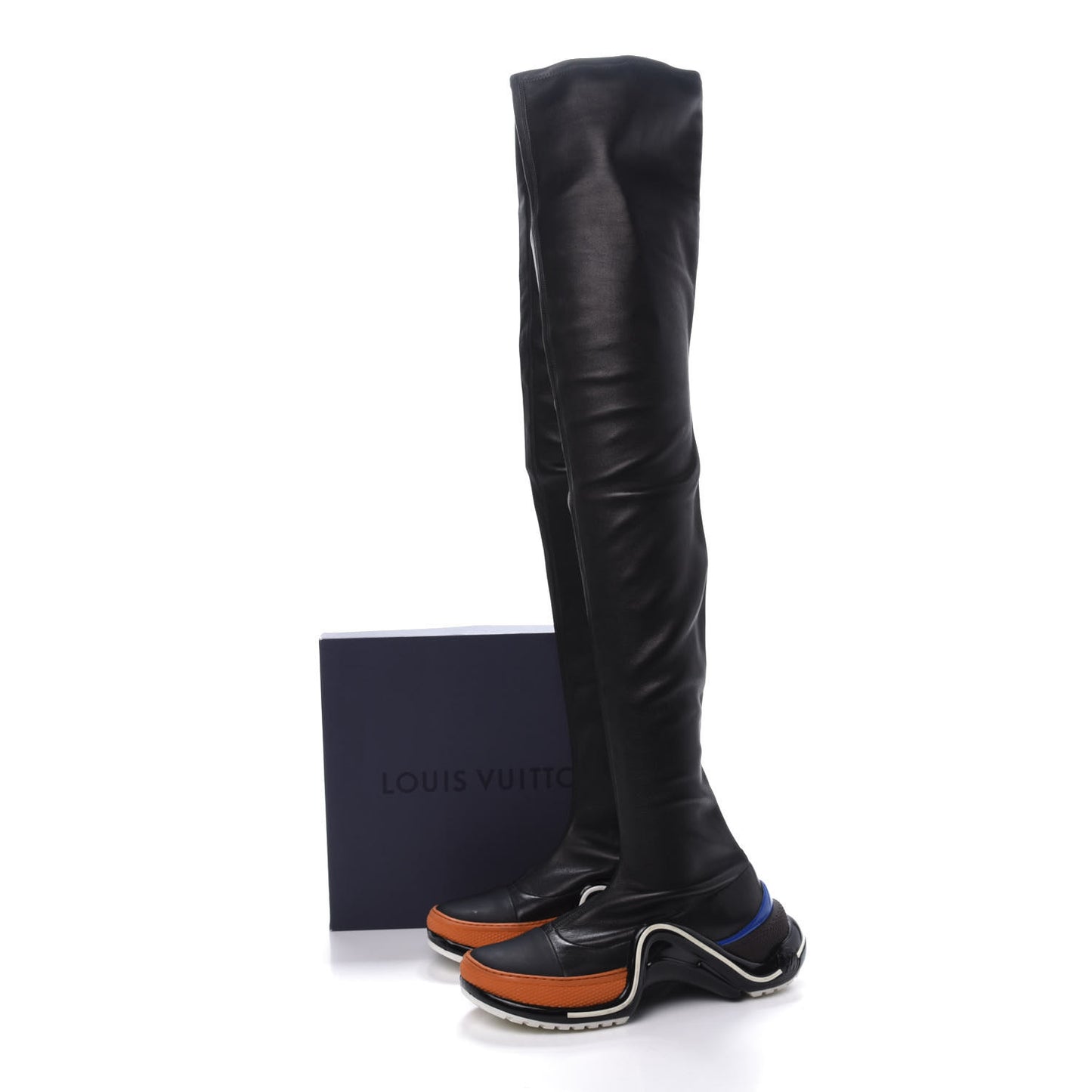 Lambskin LV Archlight Flat Thigh Boots 38 Black Orange