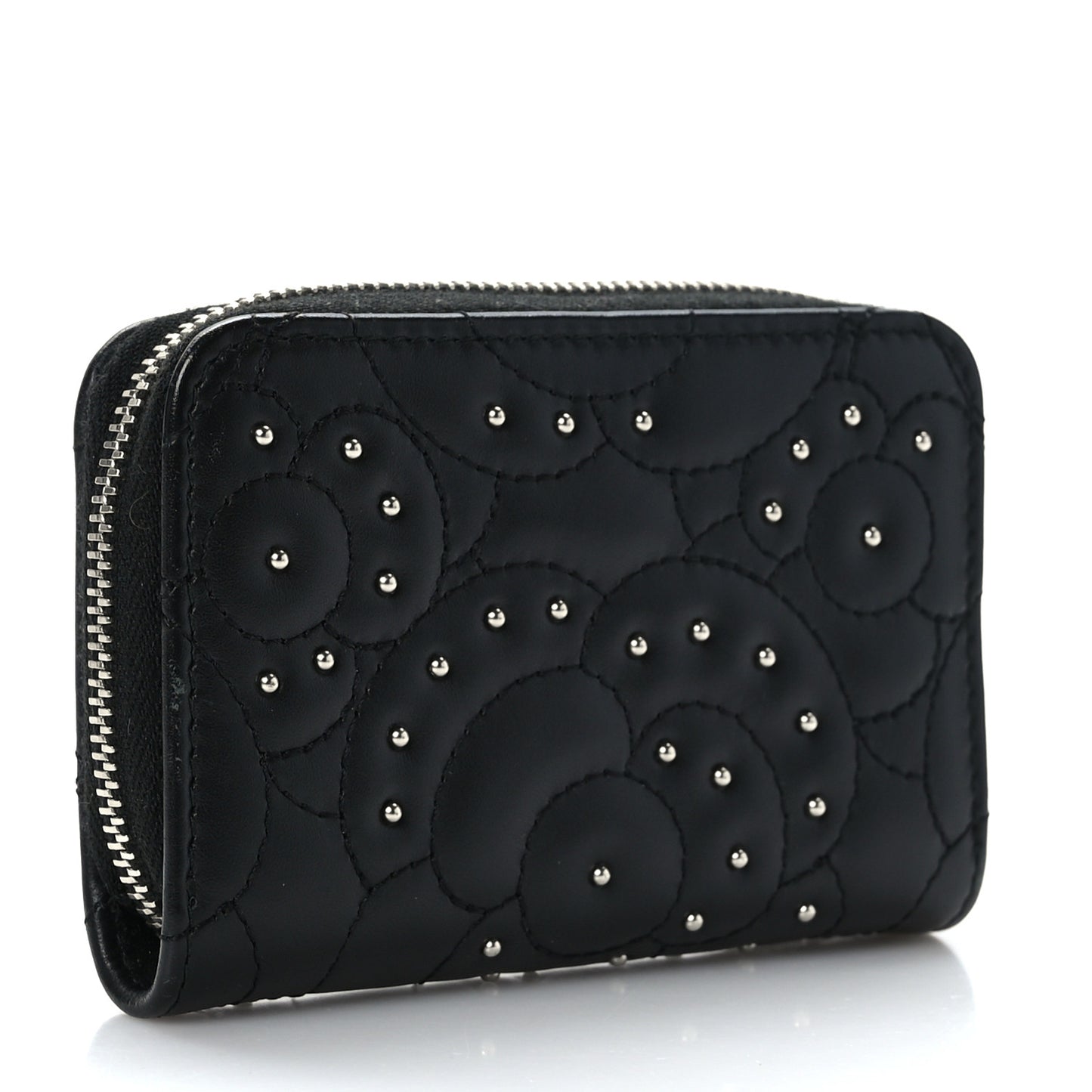 Lambskin Camellia Embossed Studded Zip Coin Purse Black