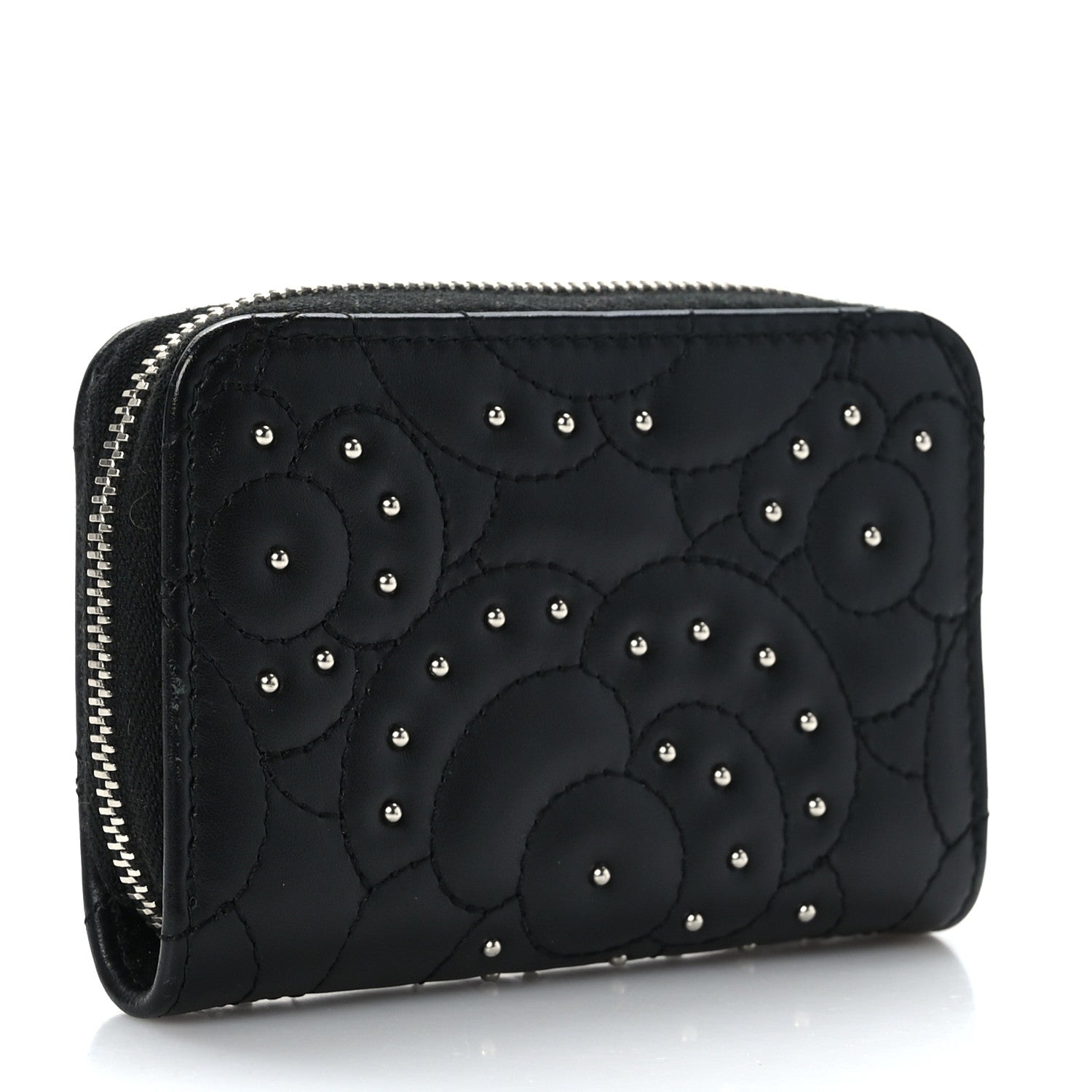 Chanel Lambskin Camellia Embossed Studded Zip Coin Purse Black 3 of 7
