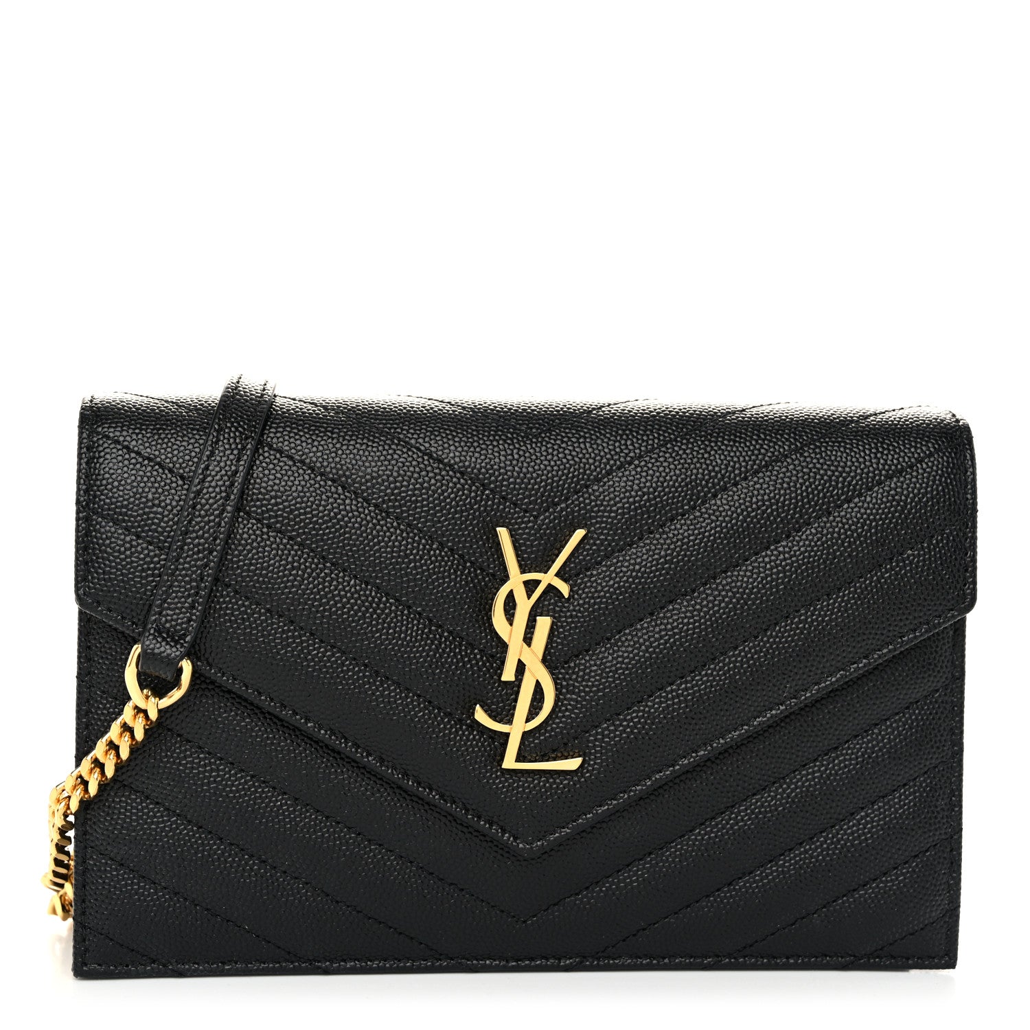 Saint Laurent Grain De Poudre Matelasse Chevron Monogram Envelope Chain Wallet Black 1 of 10