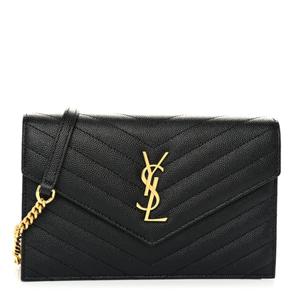 Saint Laurent Grain De Poudre Matelasse Chevron Monogram Envelope Chain Wallet Black 1 of 10