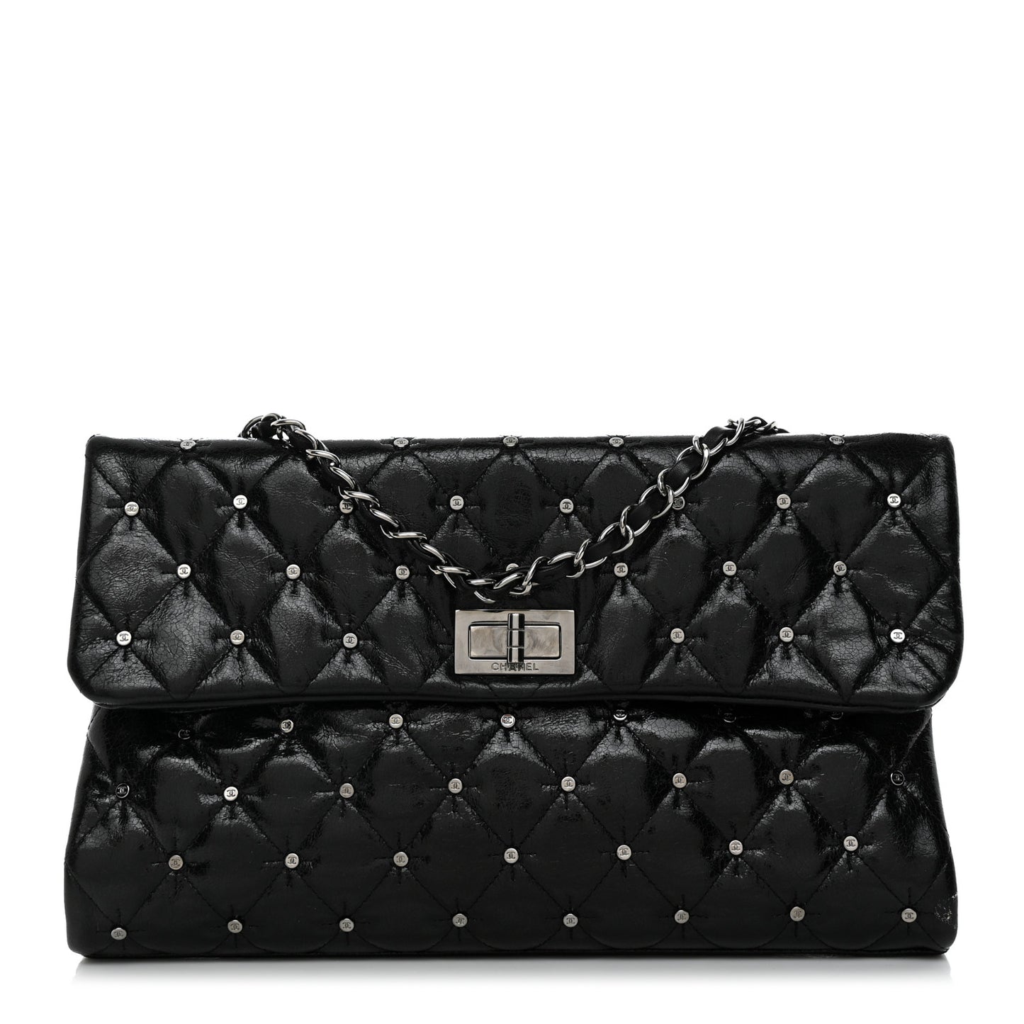 Glazed Crackled Calfskin Quilted Studded Mademoiselle Flap Black