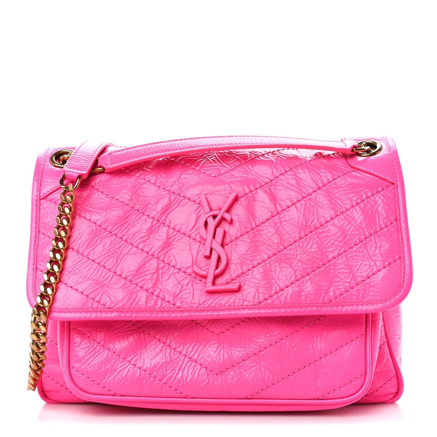 Crinkled Calfskin Matelasse Monogram Medium Niki Chain Satchel Rose Glow
