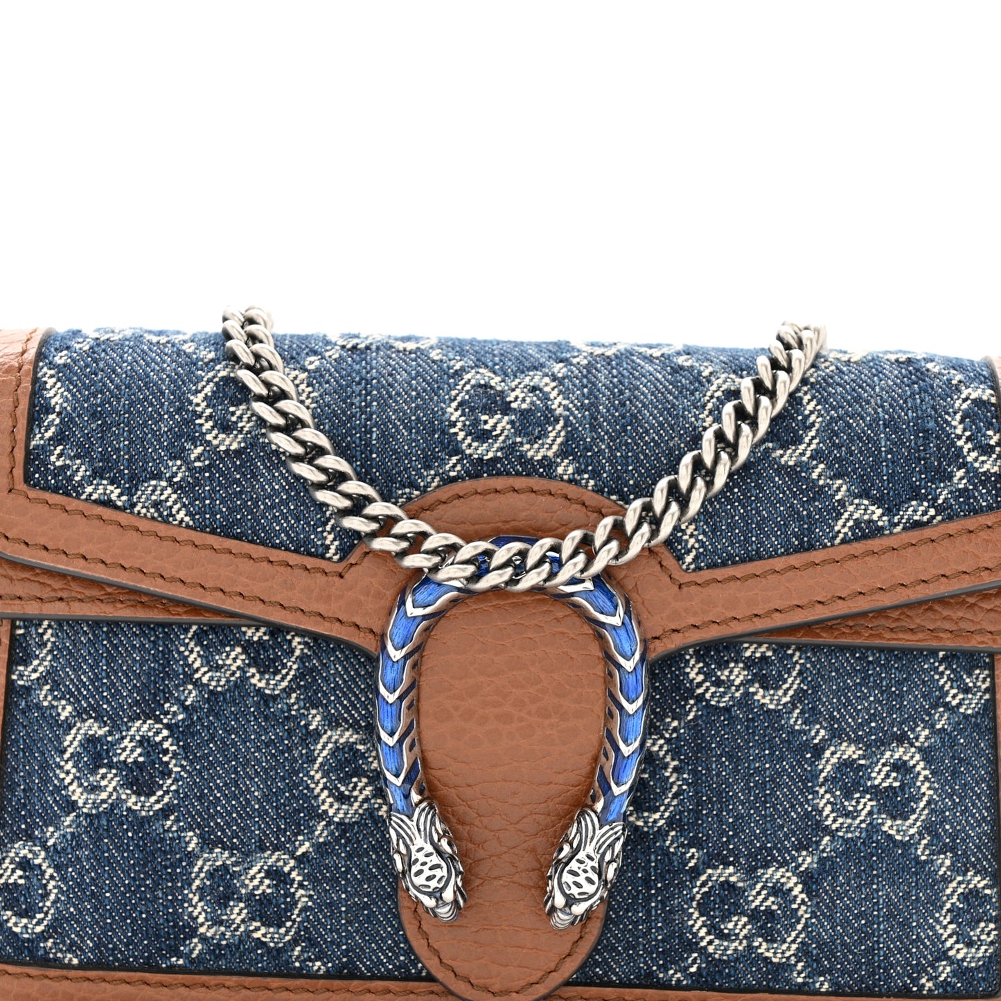 New Denim GG Monogram Dollar Calfskin Enamel Super Mini Dionysus Shoulder Bag Blue Tea Cuir Epilog Electric Blue