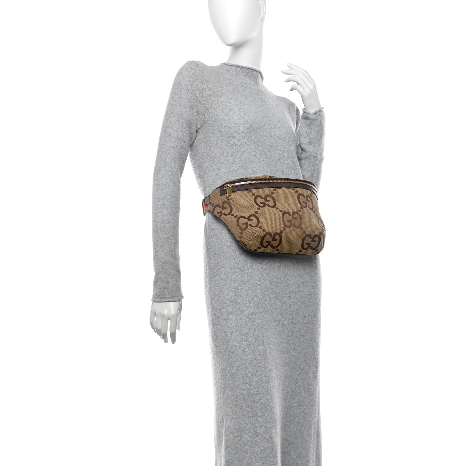 Gucci Monogram Jumbo GG Textured Dollar Calfskin Web Belt Bag Camel Ebony New Acero 2 of 11