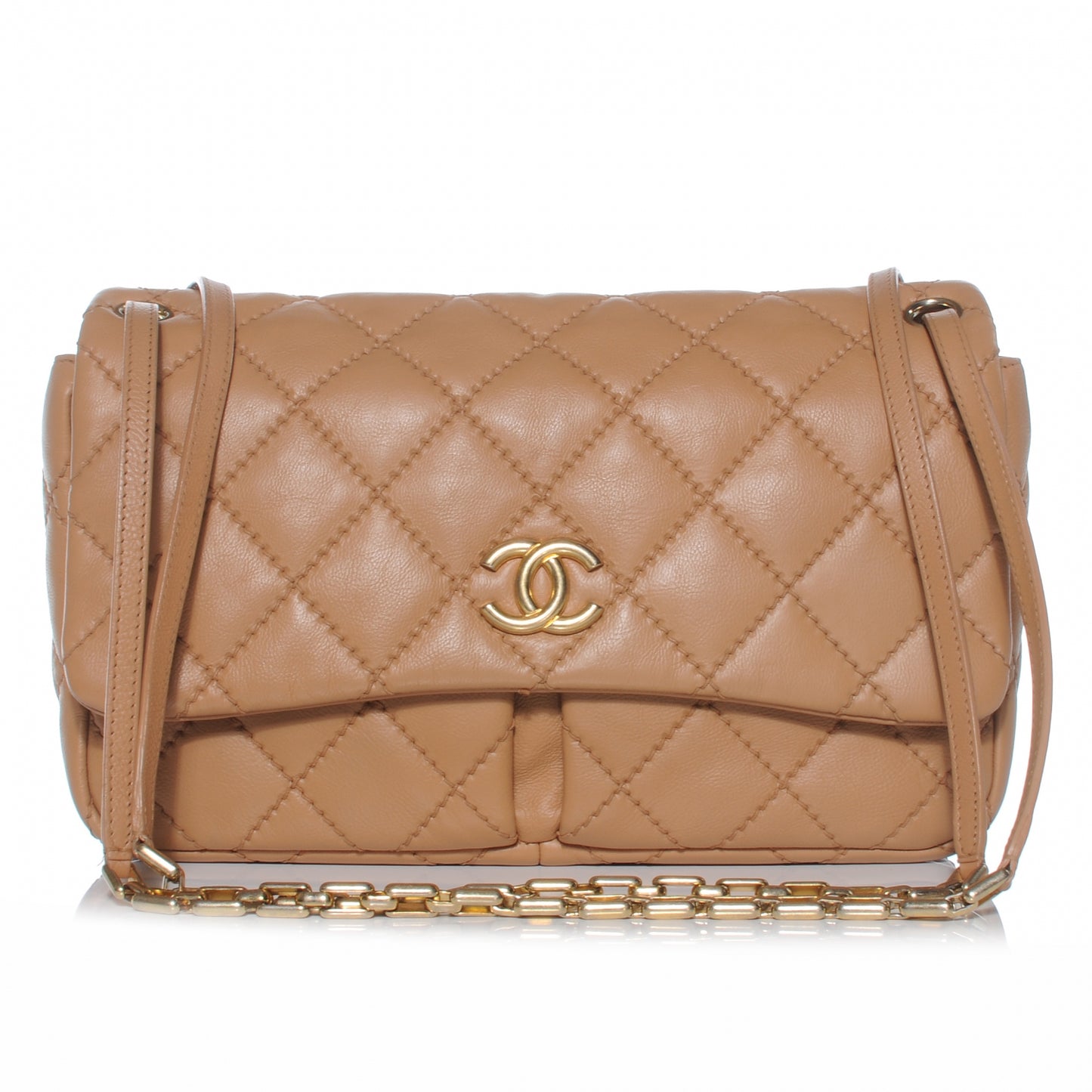 Calfskin Quilted Large Retro Chain Flap Beige