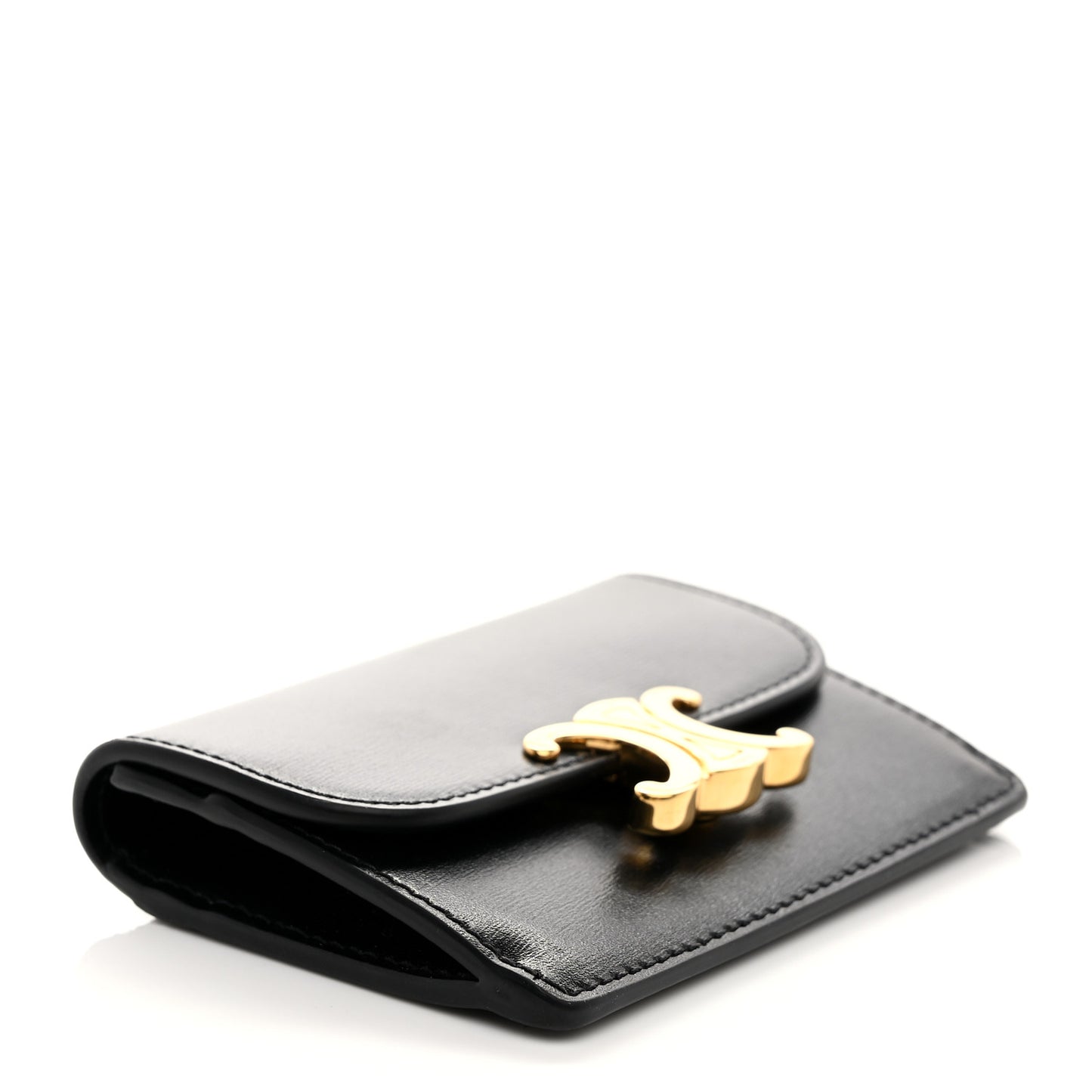 Shiny Calfskin Triomphe Flap Card Holder Black