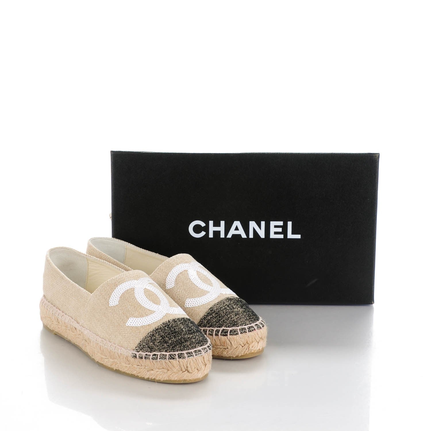 Chanel Toile Sequin CC Espadrilles 35 Beige Black 8 of 8