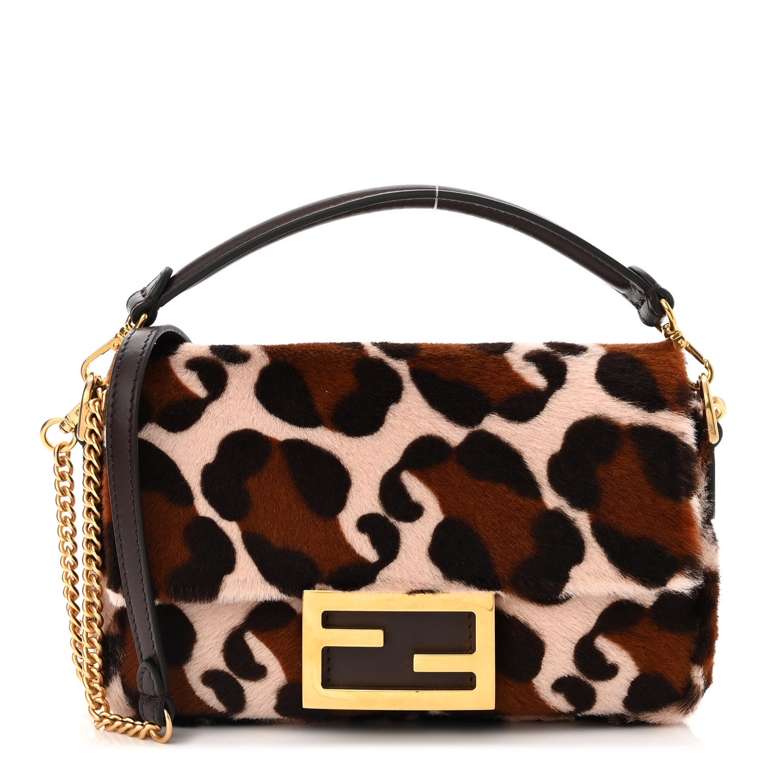 Fendi Calf Hair Leopard Print Mini Baguette Pink Brown 1 of 11
