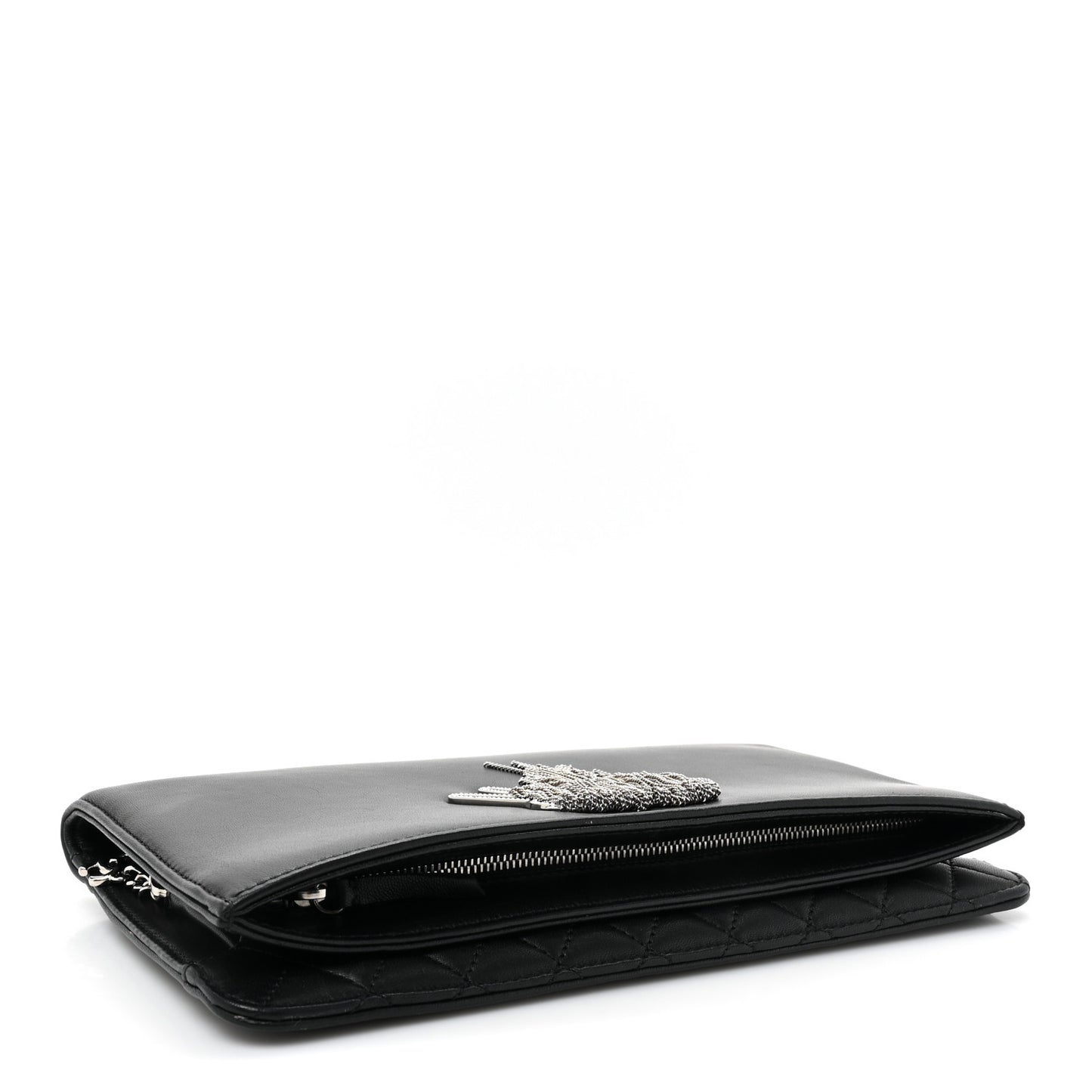 Lambskin Strass Crystal Peace Sign Emoji Fold Over Clutch Black