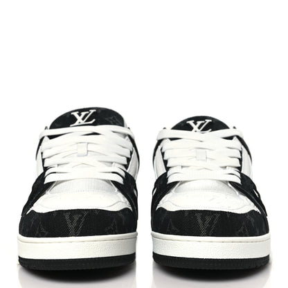 Louis Vuitton Calfskin Embossed Monogram Denim Mens LV Trainer Sneakers 12 Black 2 of 8