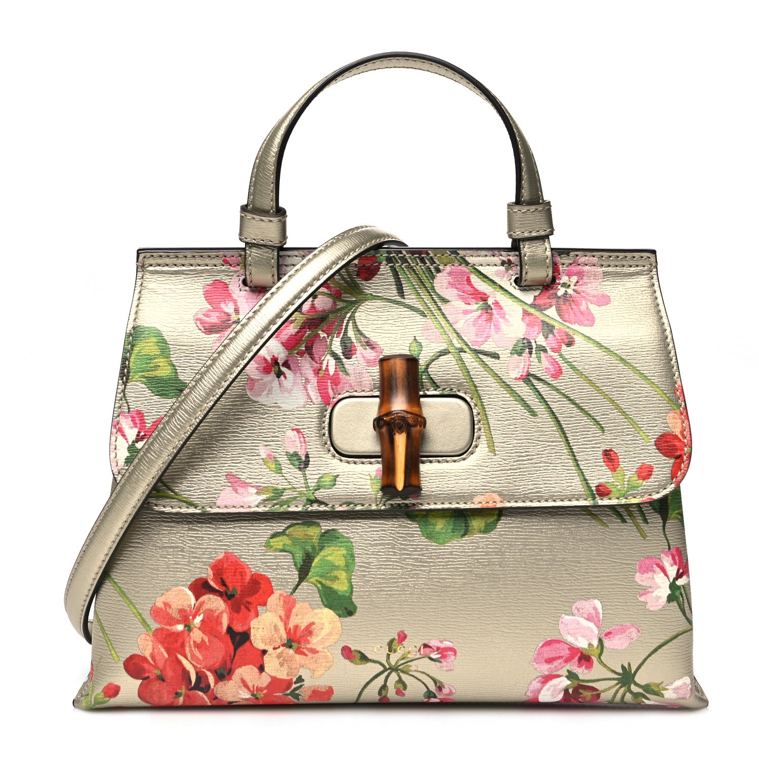 Gucci Metallic Shangai Calfskin Blooms Print Small Bamboo Daily Top Handle Bag Gold Multicolor 1 of 9