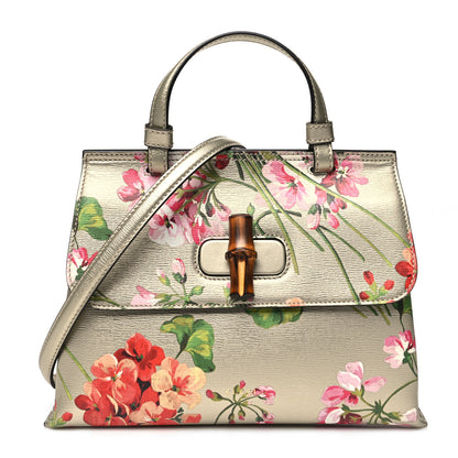 Gucci Metallic Shangai Calfskin Blooms Print Small Bamboo Daily Top Handle Bag Gold Multicolor 1 of 9