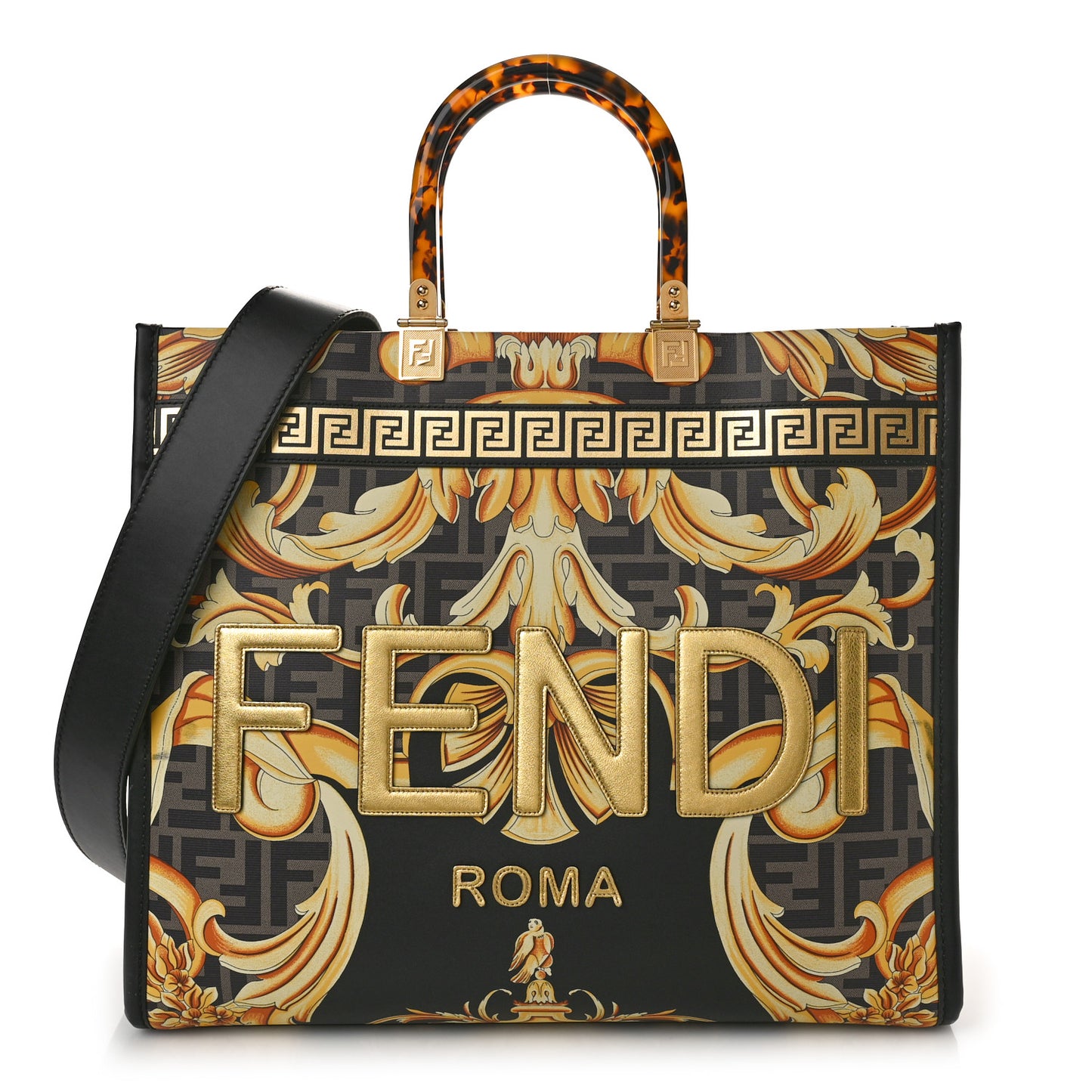 X VERSACE Calfskin Plexiglass Fendace FF Baroque Print Medium Fendi Sunshine Shopper Tote Black Gold