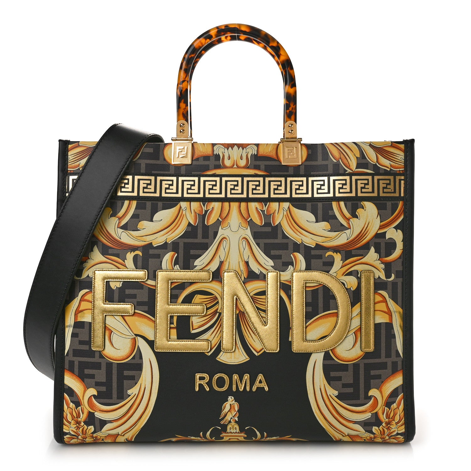 Fendi X VERSACE Calfskin Plexiglass Fendace FF Baroque Print Medium Fendi Sunshine Shopper Tote Black Gold 1 of 8