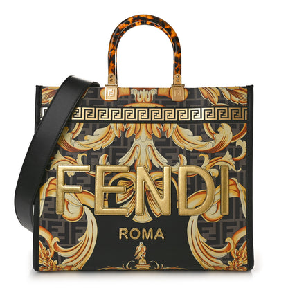Fendi X VERSACE Calfskin Plexiglass Fendace FF Baroque Print Medium Fendi Sunshine Shopper Tote Black Gold 1 of 8