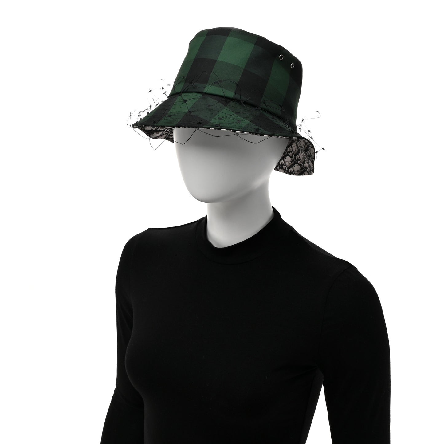 Cotton Large Brim Bucket Hat with Veil 57 Green Black