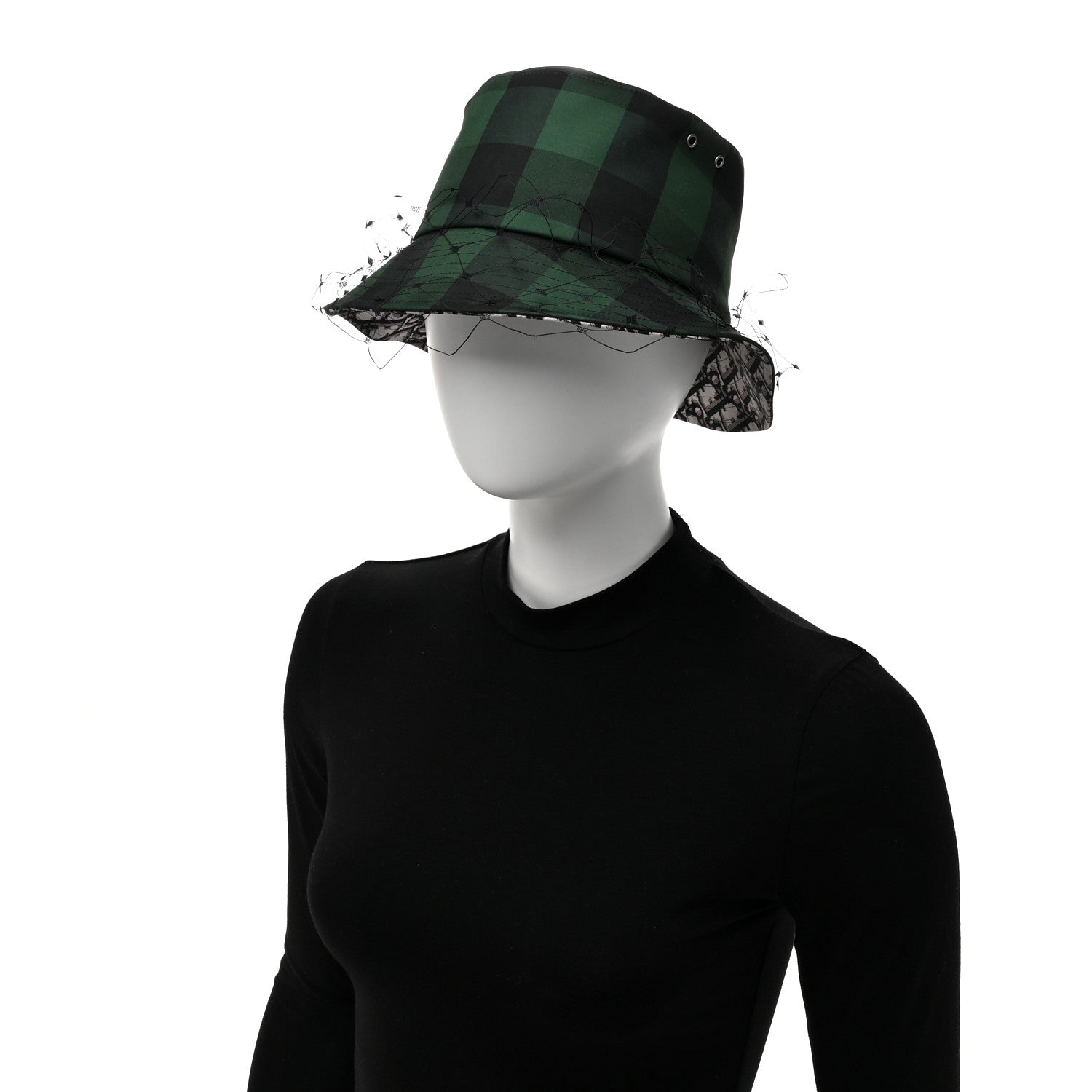Christian Dior Cotton Large Brim Bucket Hat with Veil 57 Green Black 2 of 8