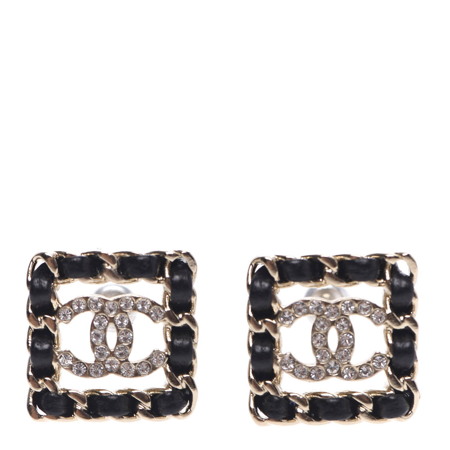 Chanel Crystal Lambskin Chain Sergeant Stud Earrings Black Gold 1 of 4