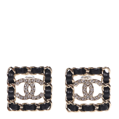 Chanel Crystal Lambskin Chain Sergeant Stud Earrings Black Gold 1 of 4