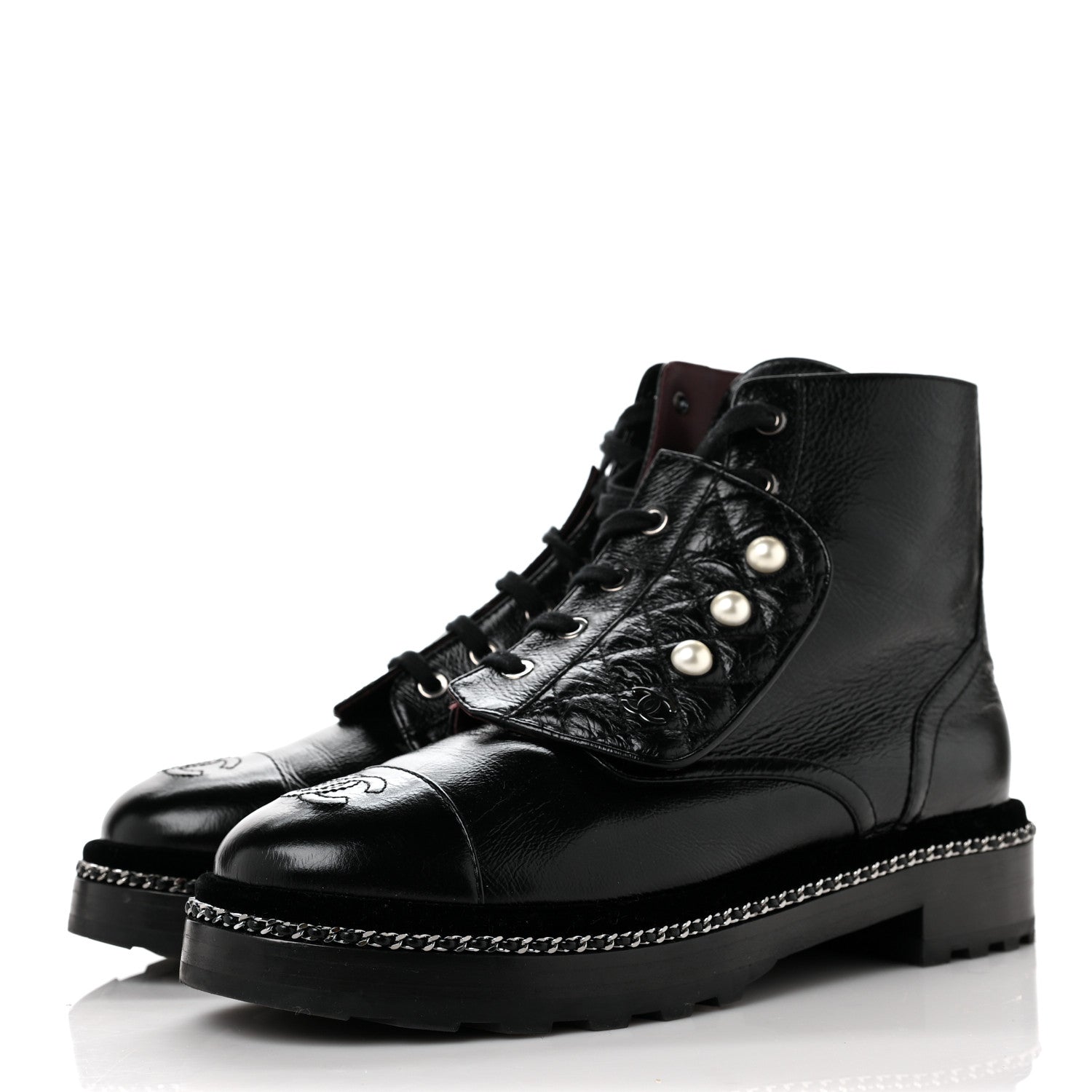 Chanel Crackled Calfskin Velvet Pearl Combat Short Boots 39.5 Black 3 of 5