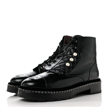 Chanel Crackled Calfskin Velvet Pearl Combat Short Boots 39.5 Black 3 of 5