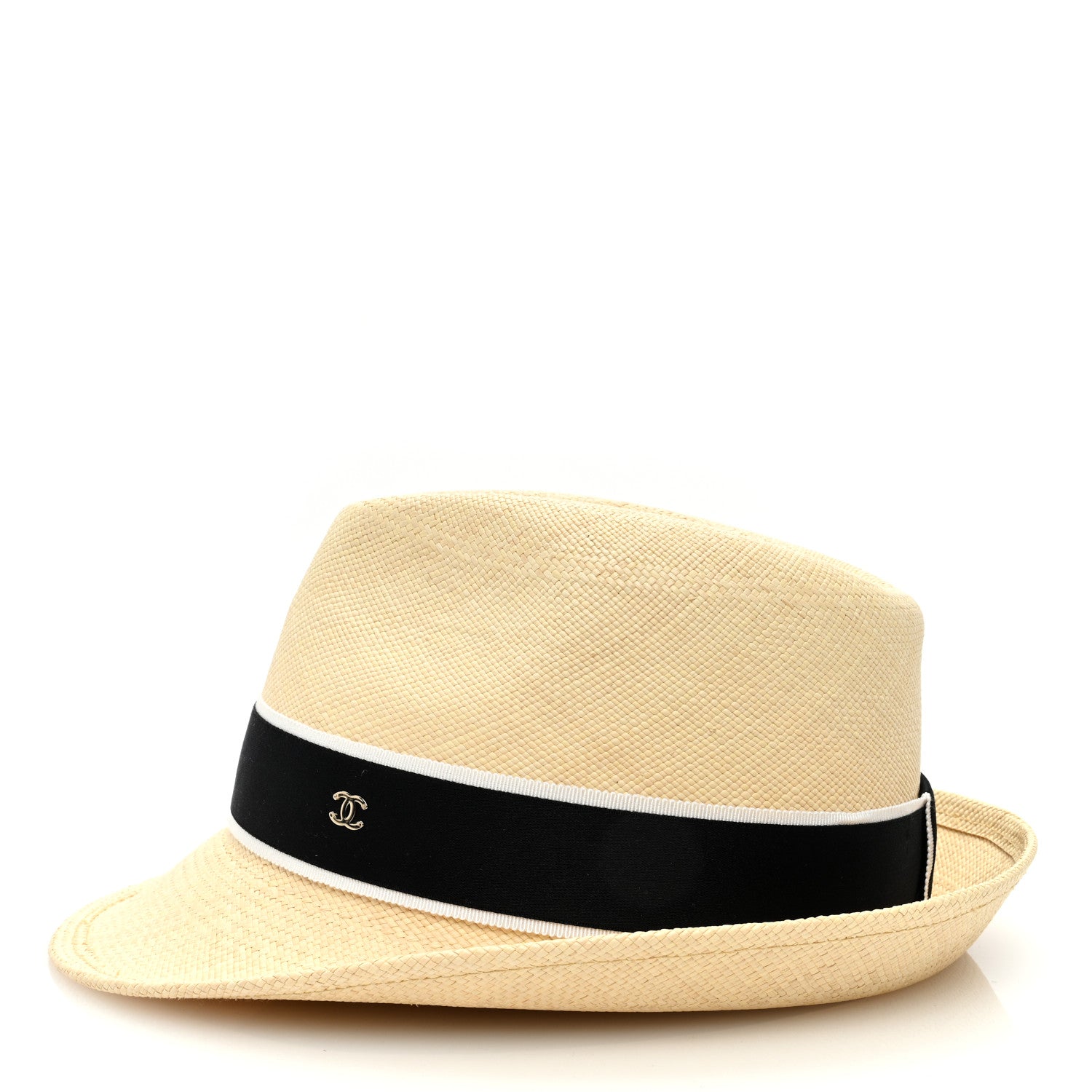 Chanel Straw Grosgrain Ribbon Fedora Hat S Beige Black 5 of 8