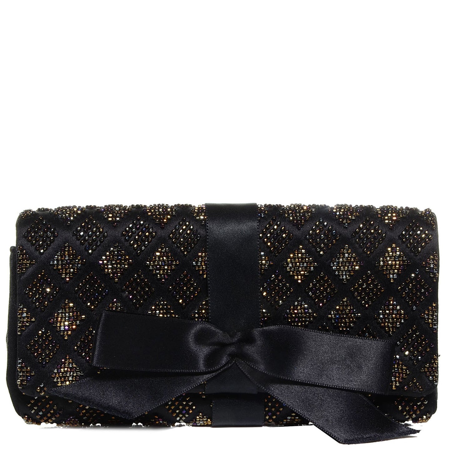 Satin Beaded Ribbon Bow Clutch Black