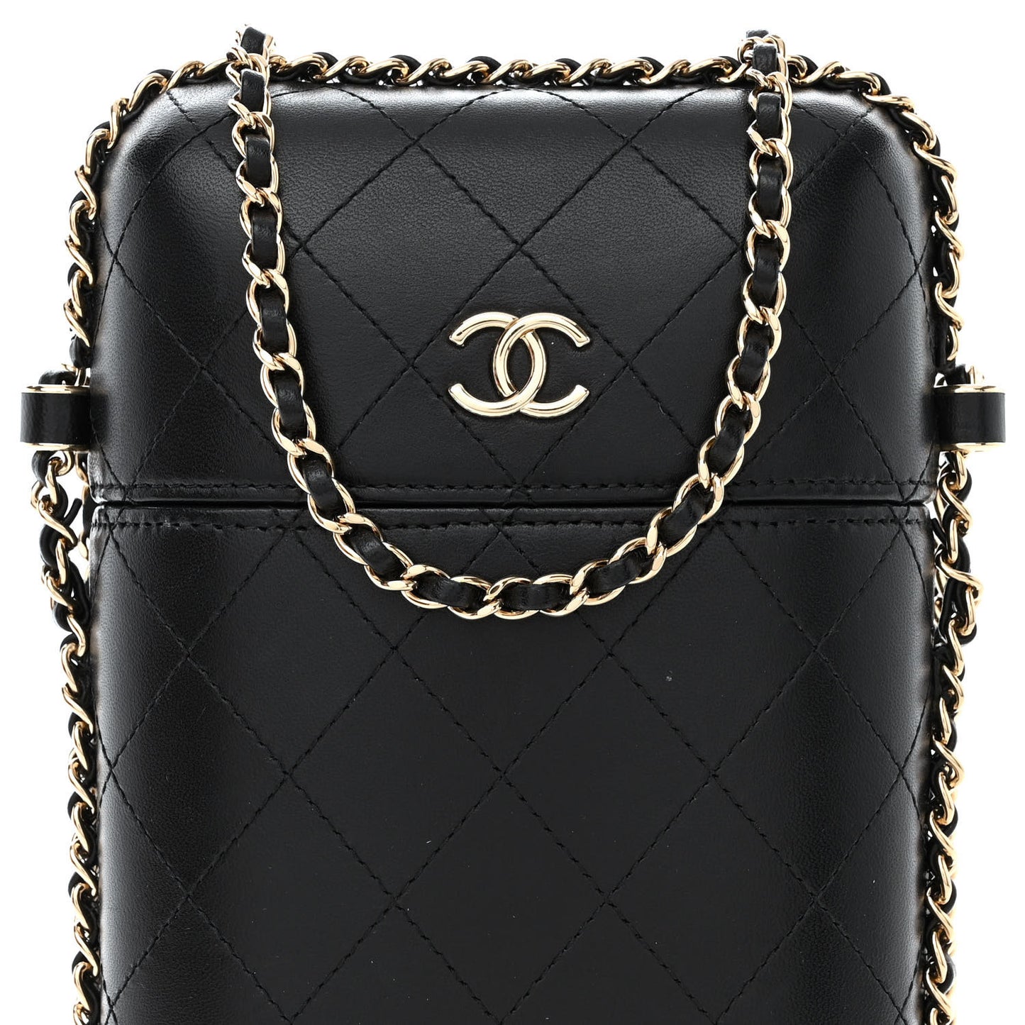 Lambskin Quilted Chain Around Phone Holder Black