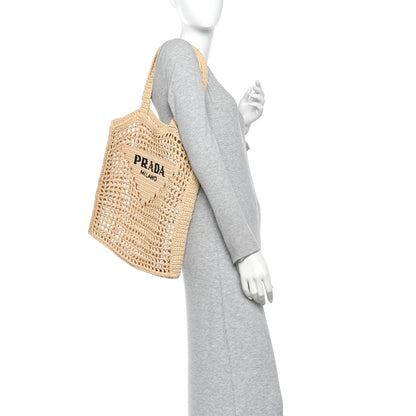 Prada Yarn Raffia Effect Crochet Logo Embroidered Tote Bag Naturale 2 of 10