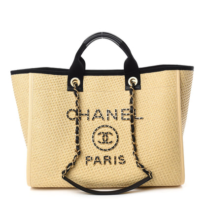 Chanel Straw Raffia Calfskin Chain Medium Deauville Tote Beige Black 1 of 10