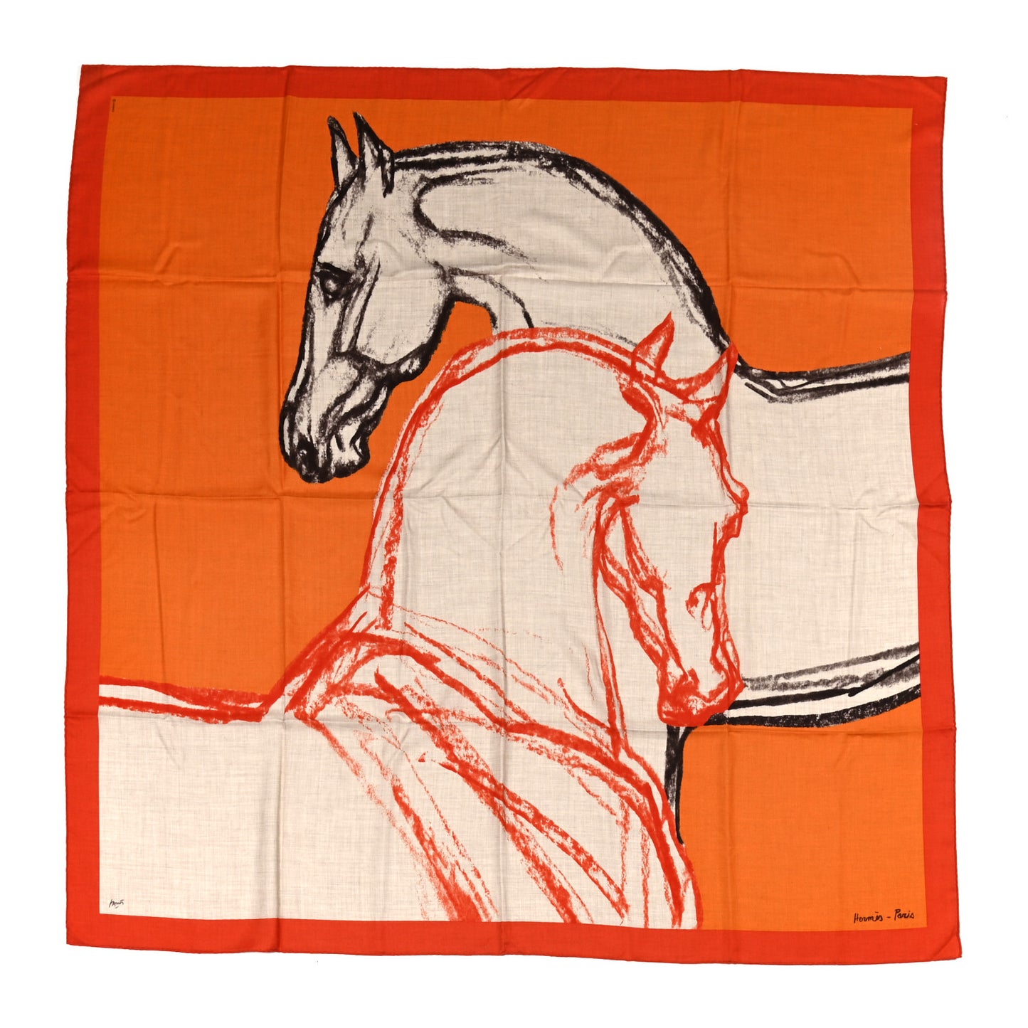 Cashmere Silk Chevaux Au Pre Shawl 140 Naturel Orange Potiron