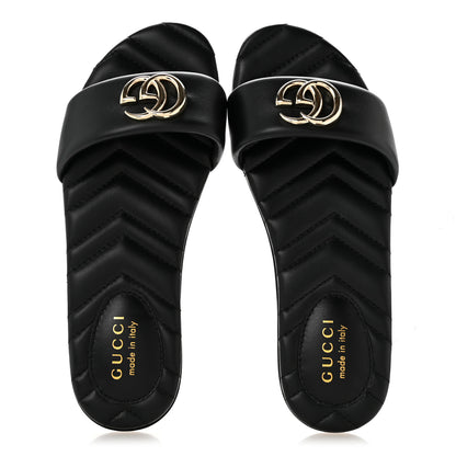 Gucci Nappa Matelasse GG Marmont Flat Slide Sandals 37.5 Black 2 of 11