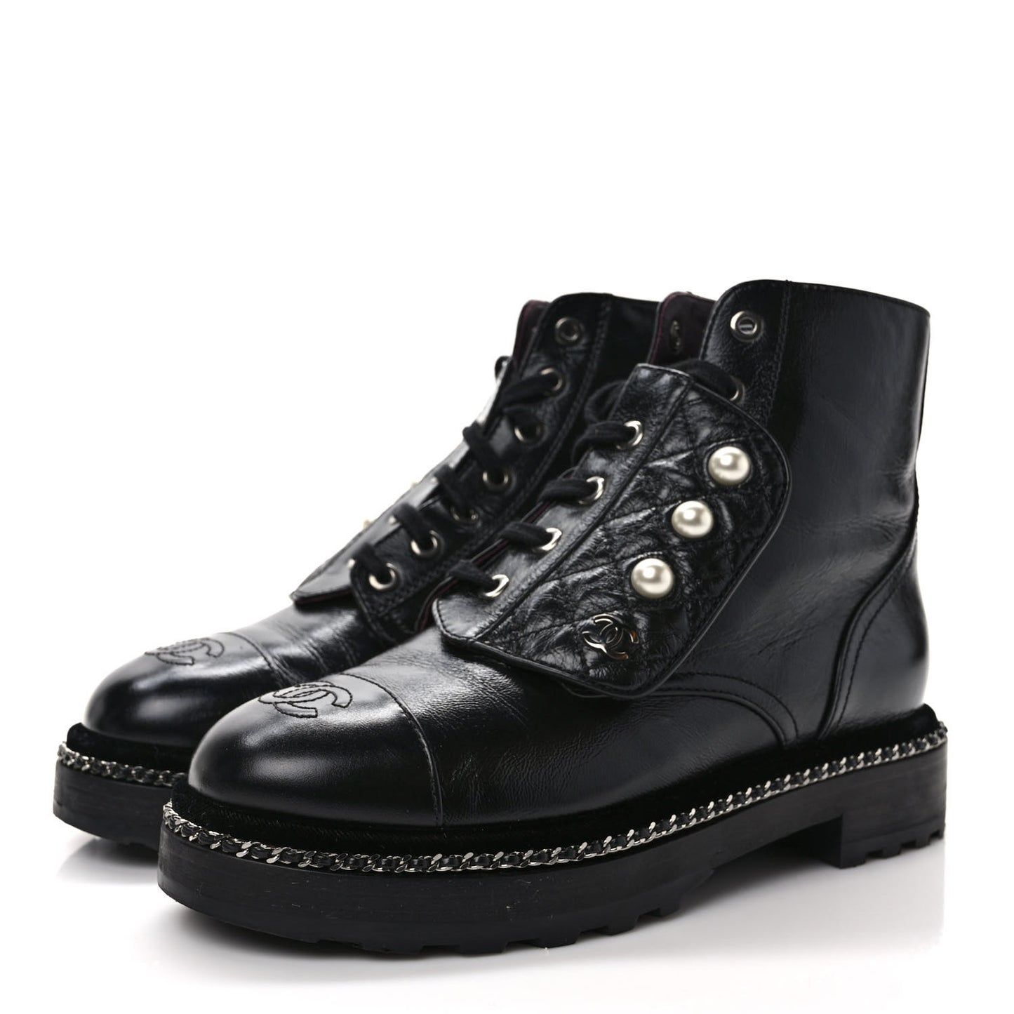 Crackled Calfskin Velvet Pearl Combat Short Boots 36.5 Black