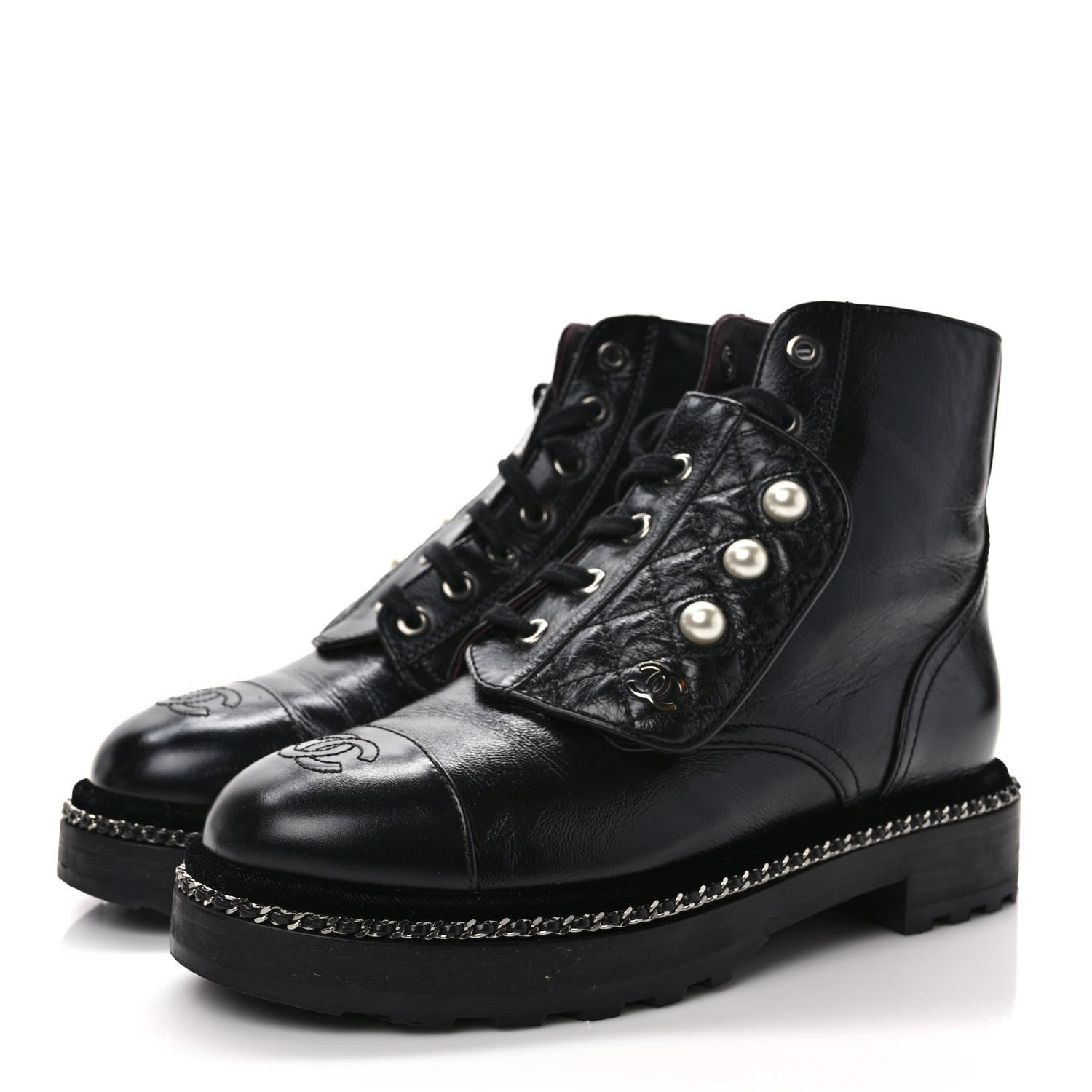 Chanel Crackled Calfskin Velvet Pearl Combat Short Boots 36.5 Black 3 of 8