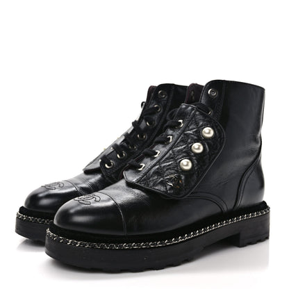 Chanel Crackled Calfskin Velvet Pearl Combat Short Boots 36.5 Black 3 of 8