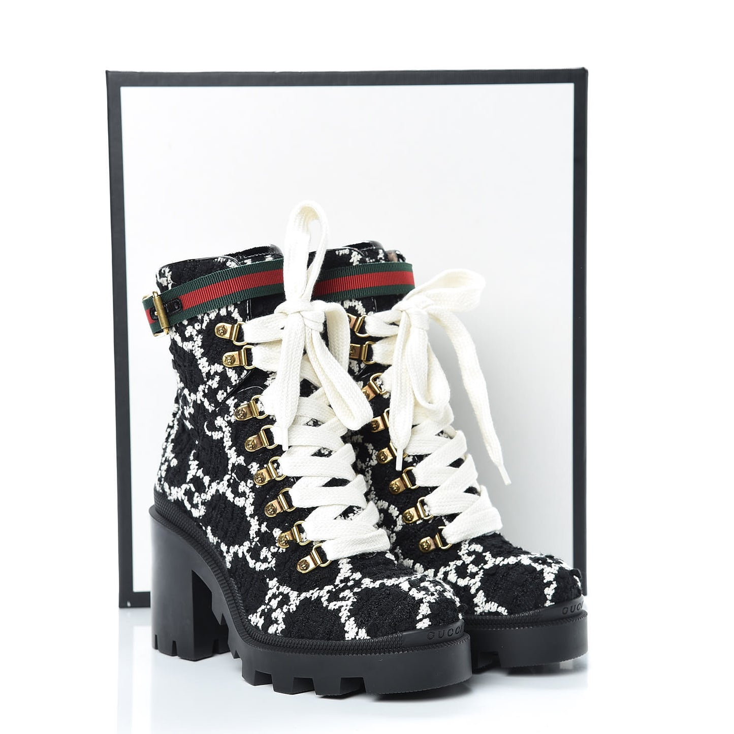 Tweed GG Monogram Lace Up Combat Ankle Boots 36 Black