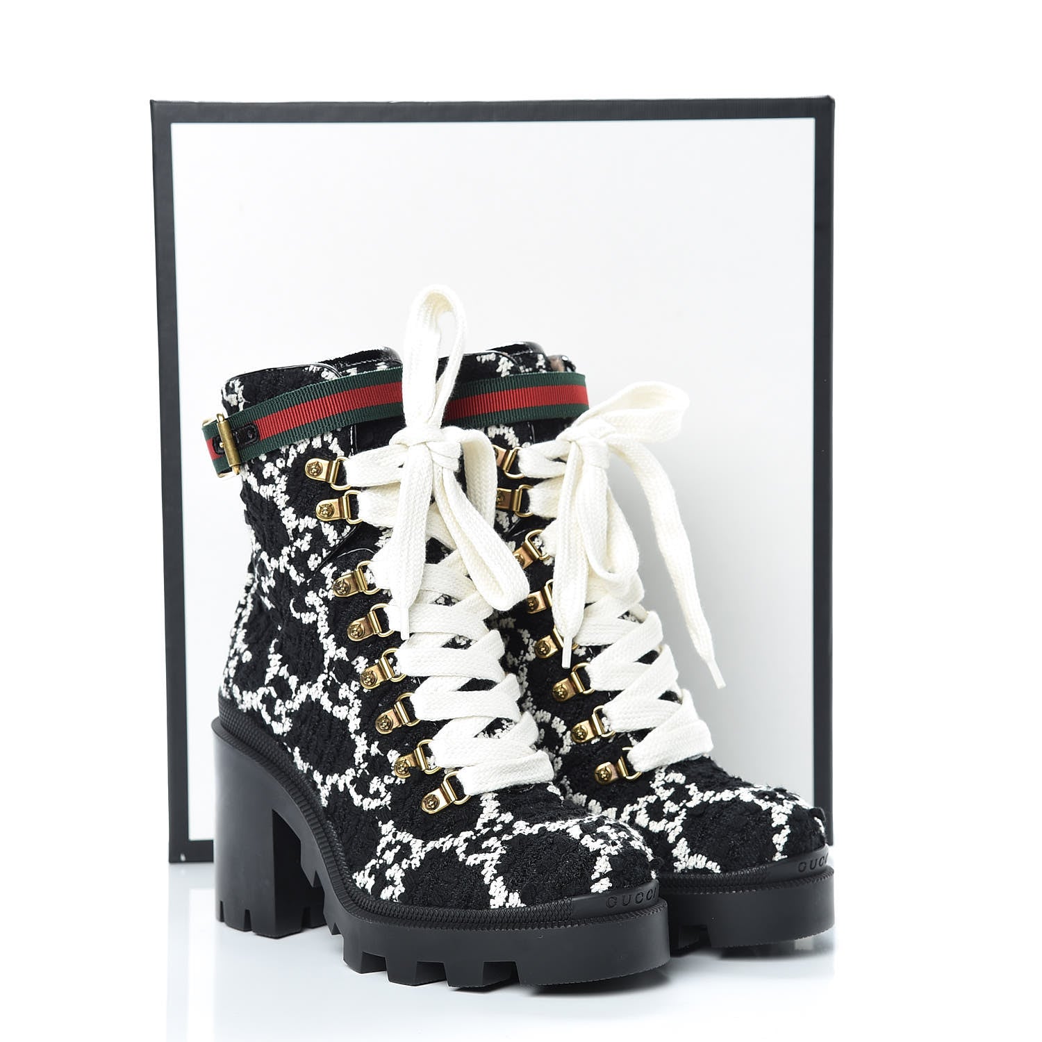 Gucci Tweed GG Monogram Lace Up Combat Ankle Boots 36 Black 9 of 9