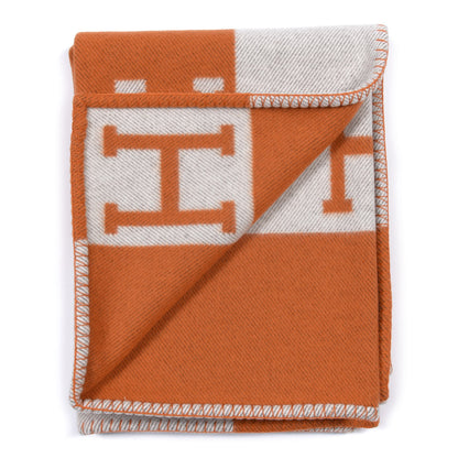 Hermes Wool Cashmere Signature Classic Avalon Blanket Ecru Potiron 2 of 3
