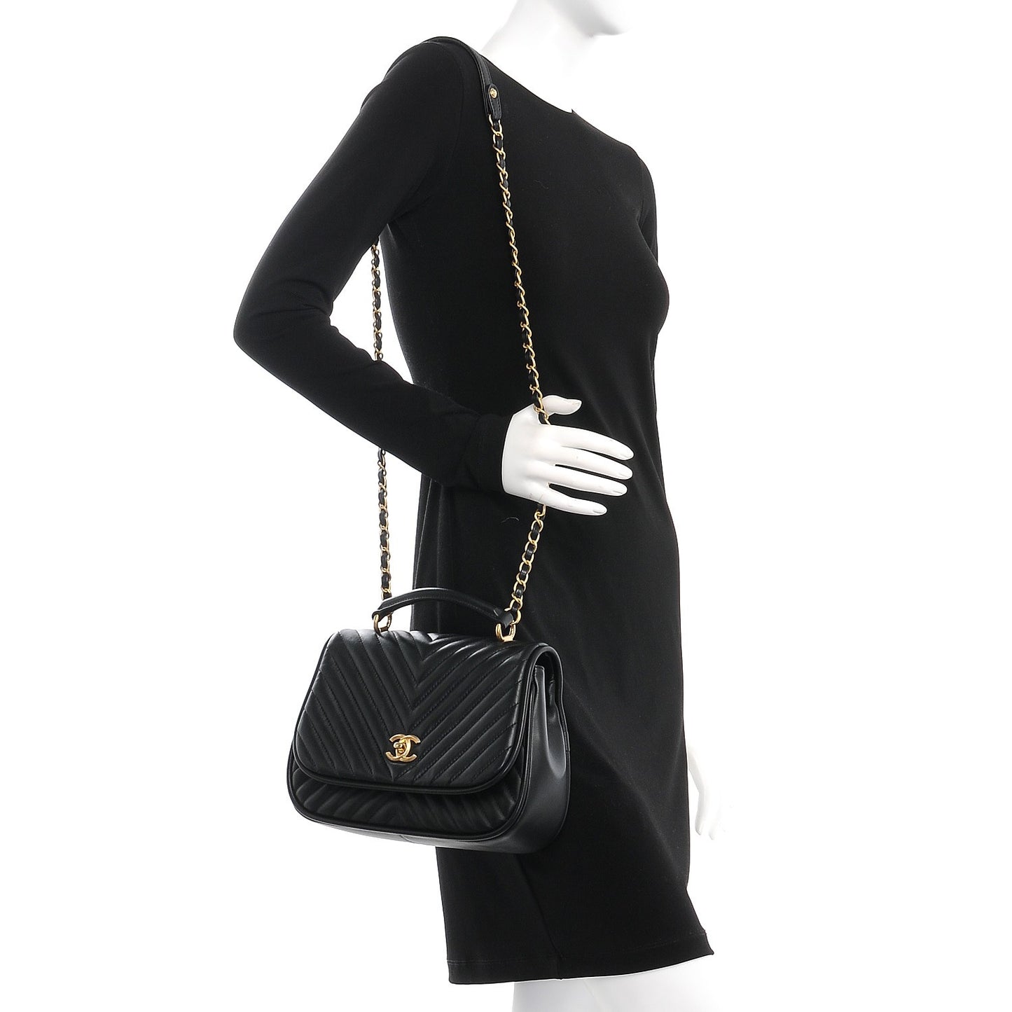Lambskin Reverse Chevron Quilted Round Top Handle Flap Black