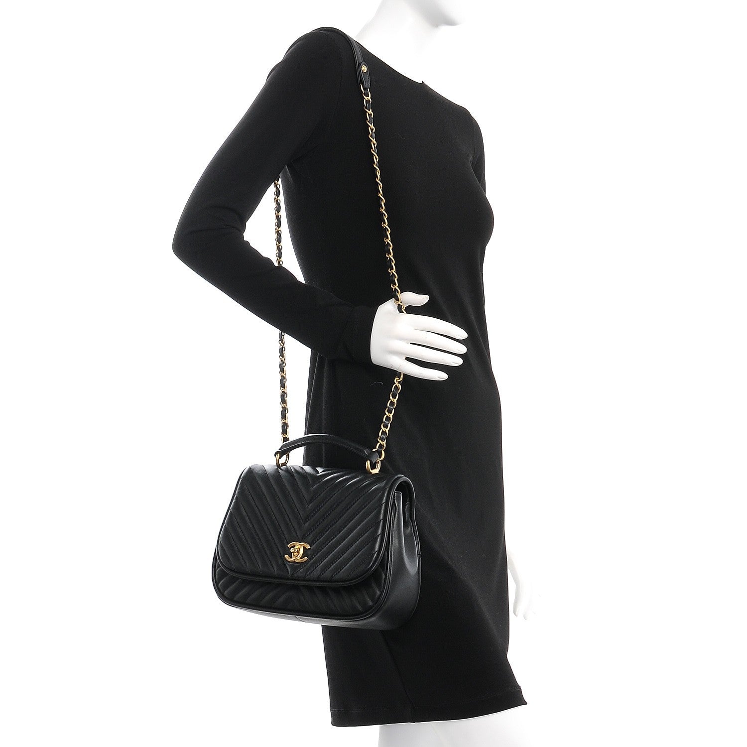 Chanel Lambskin Reverse Chevron Quilted Round Top Handle Flap Black 2 of 8