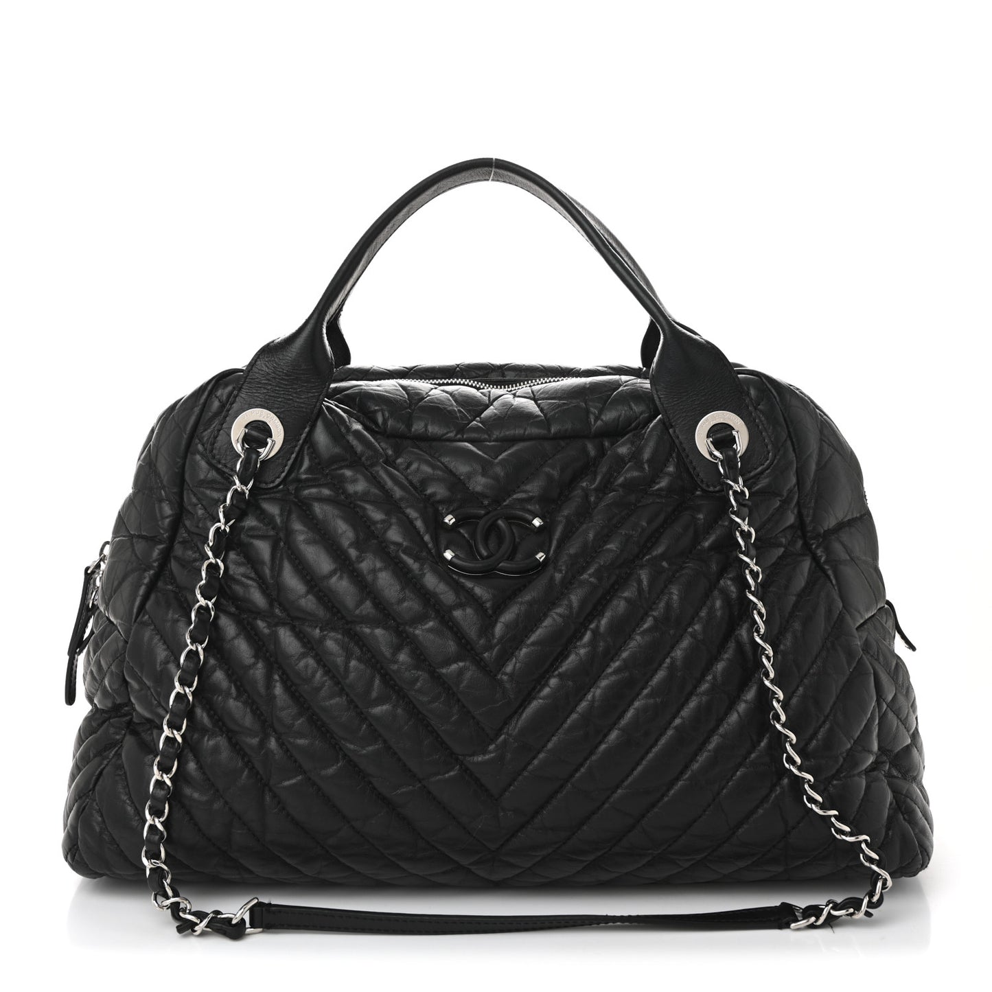 Aged Calfskin Chevron Large Soft Bowling Bag Black