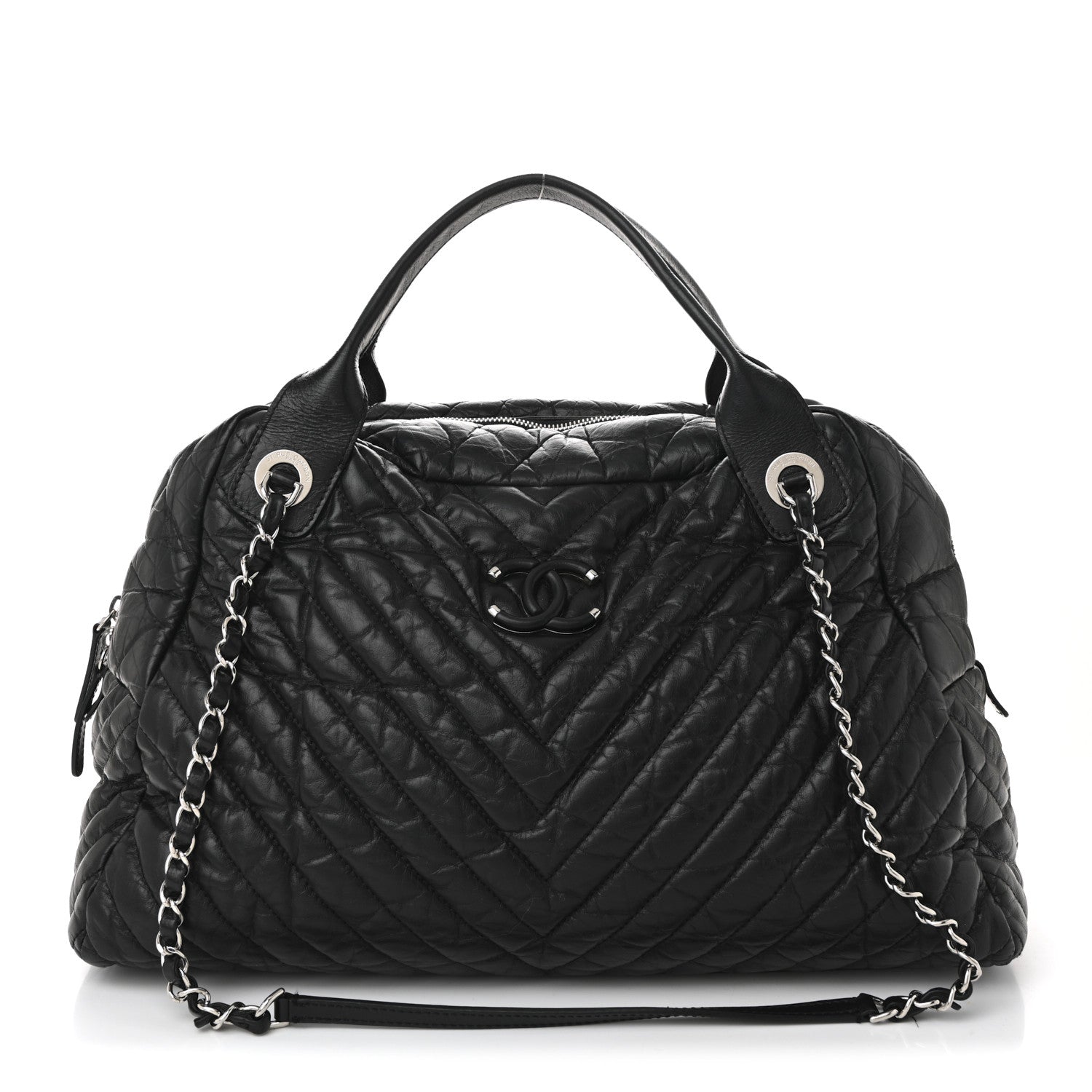 Chanel Aged Calfskin Chevron Large Soft Bowling Bag Black 2 of 19