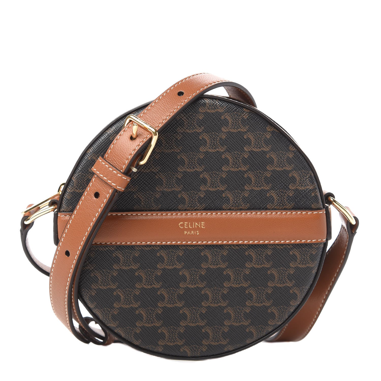 Celine Lambskin Triomphe Canvas Round Purse On Strap Black Tan 1 of 10