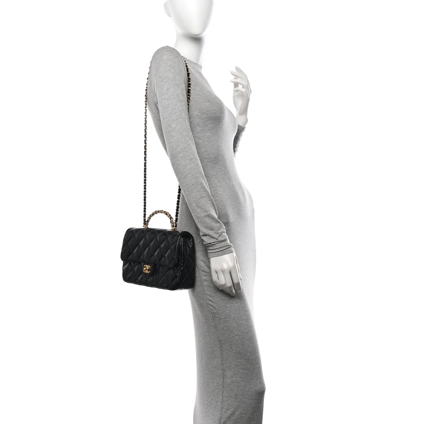 Shiny Lambskin Quilted Twisted Links Top Handle Flap Black