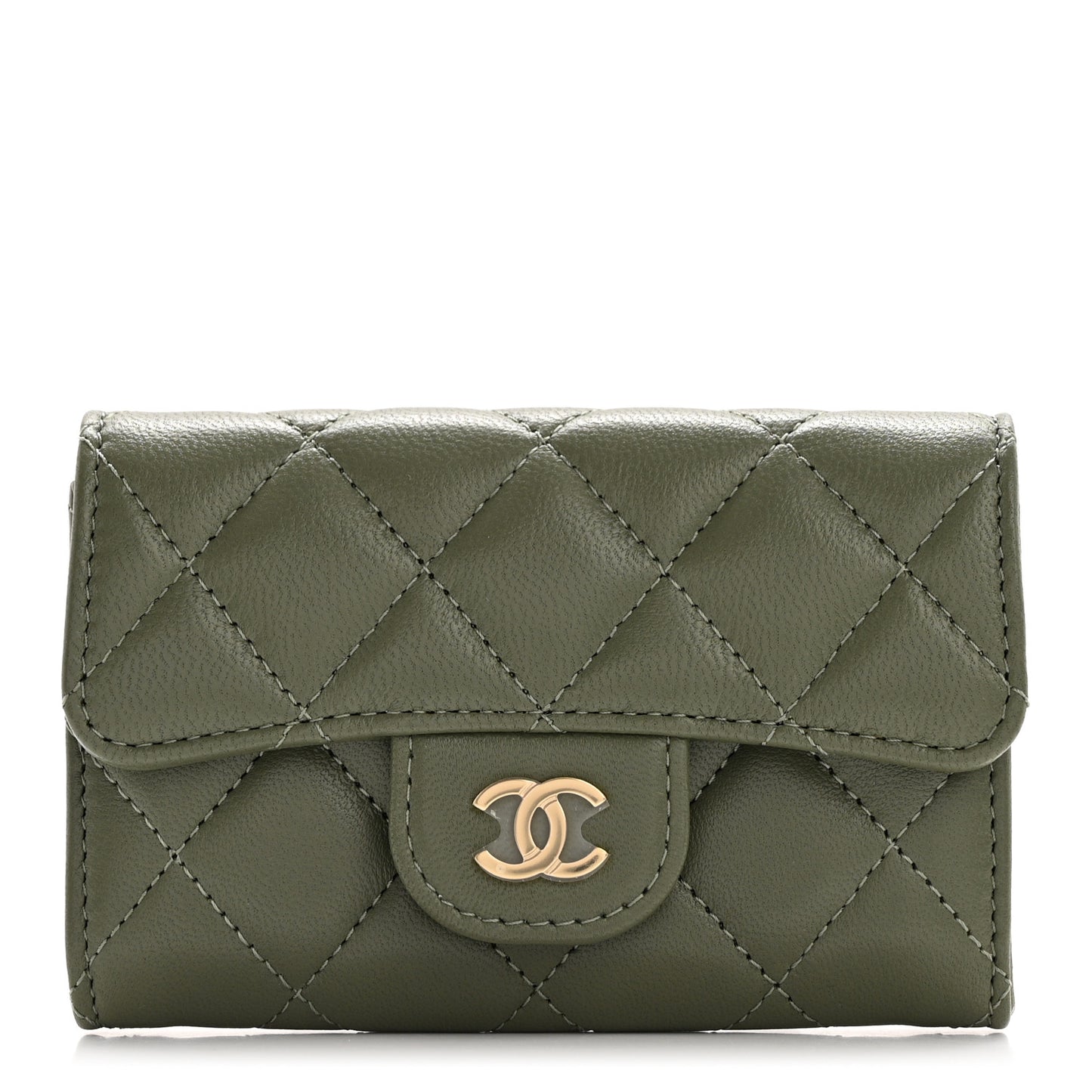 Lambskin Quilted Flap Card Holder Wallet Khaki