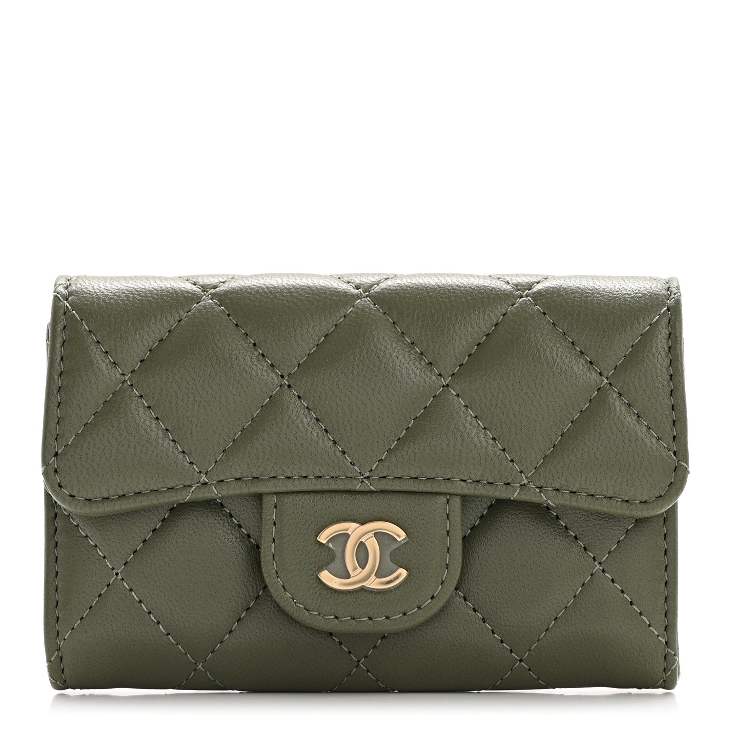 Chanel Lambskin Quilted Flap Card Holder Wallet Khaki 1 of 9